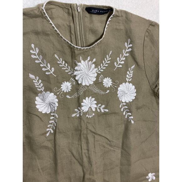 ZARA Green Floral Embroidered Dress | White Flowers Boho Chic Midi - Picture 3 of 6